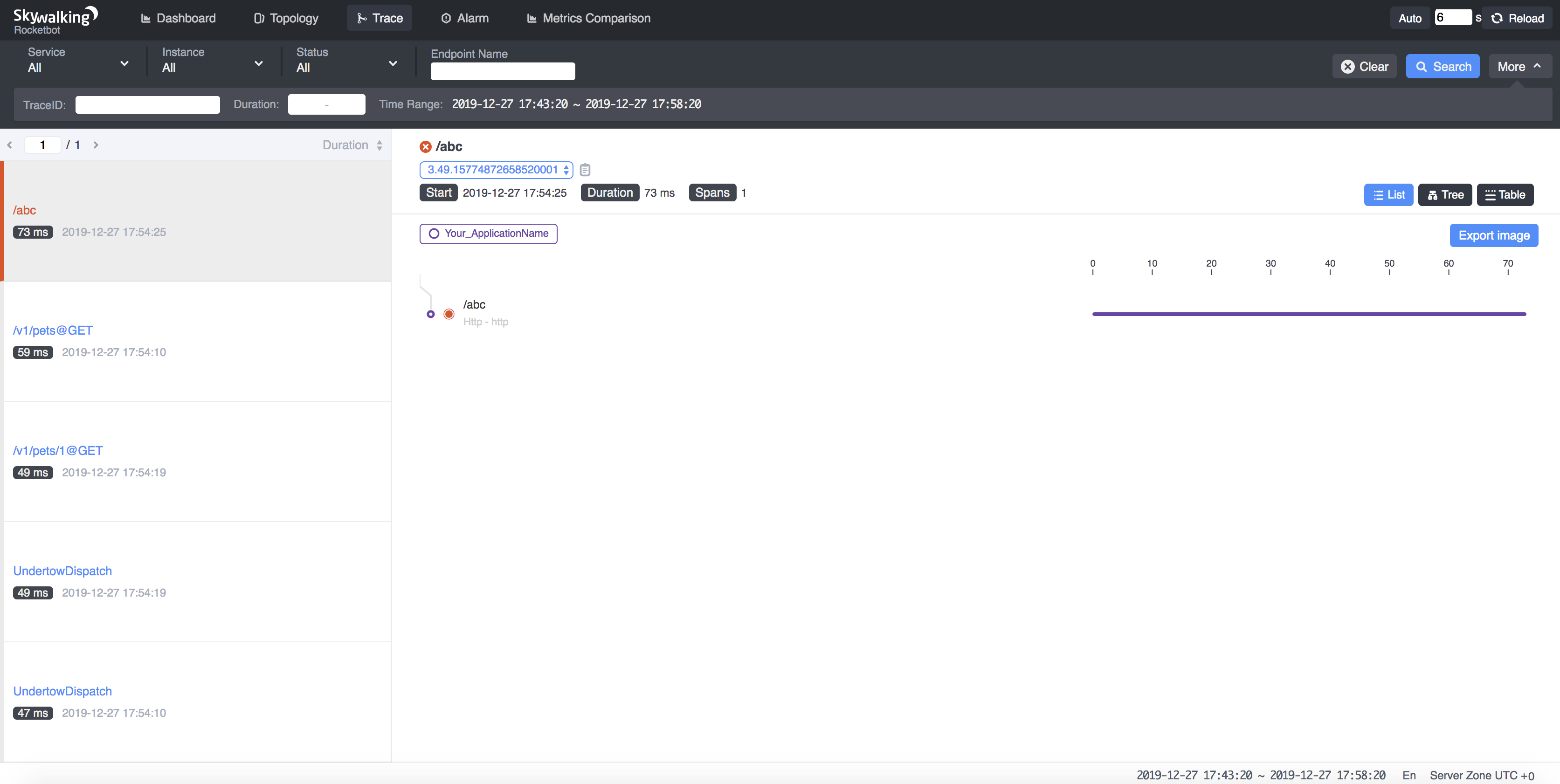 Example Skywalking UI trace error