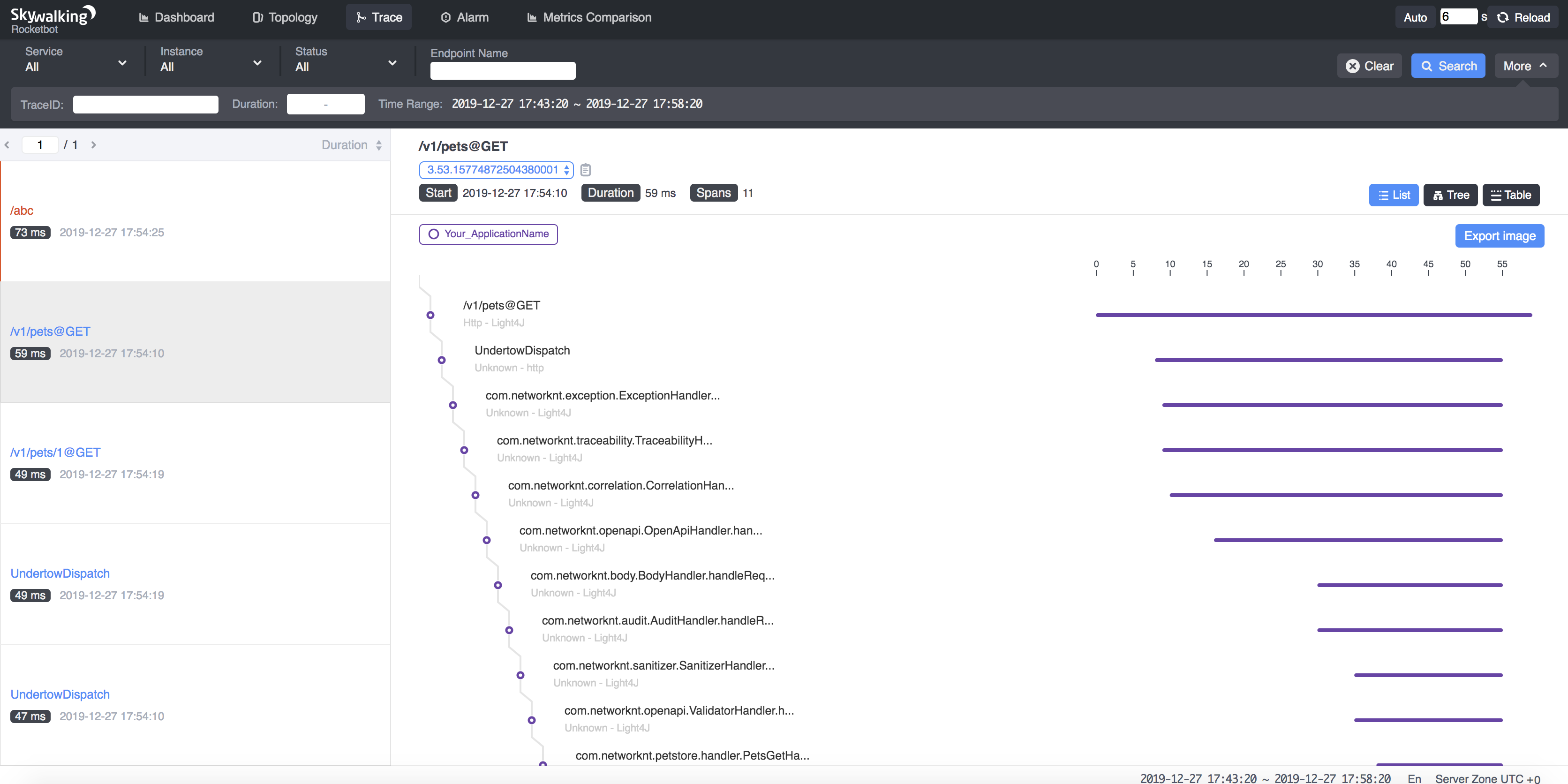 Example Skywalking UI trace screen